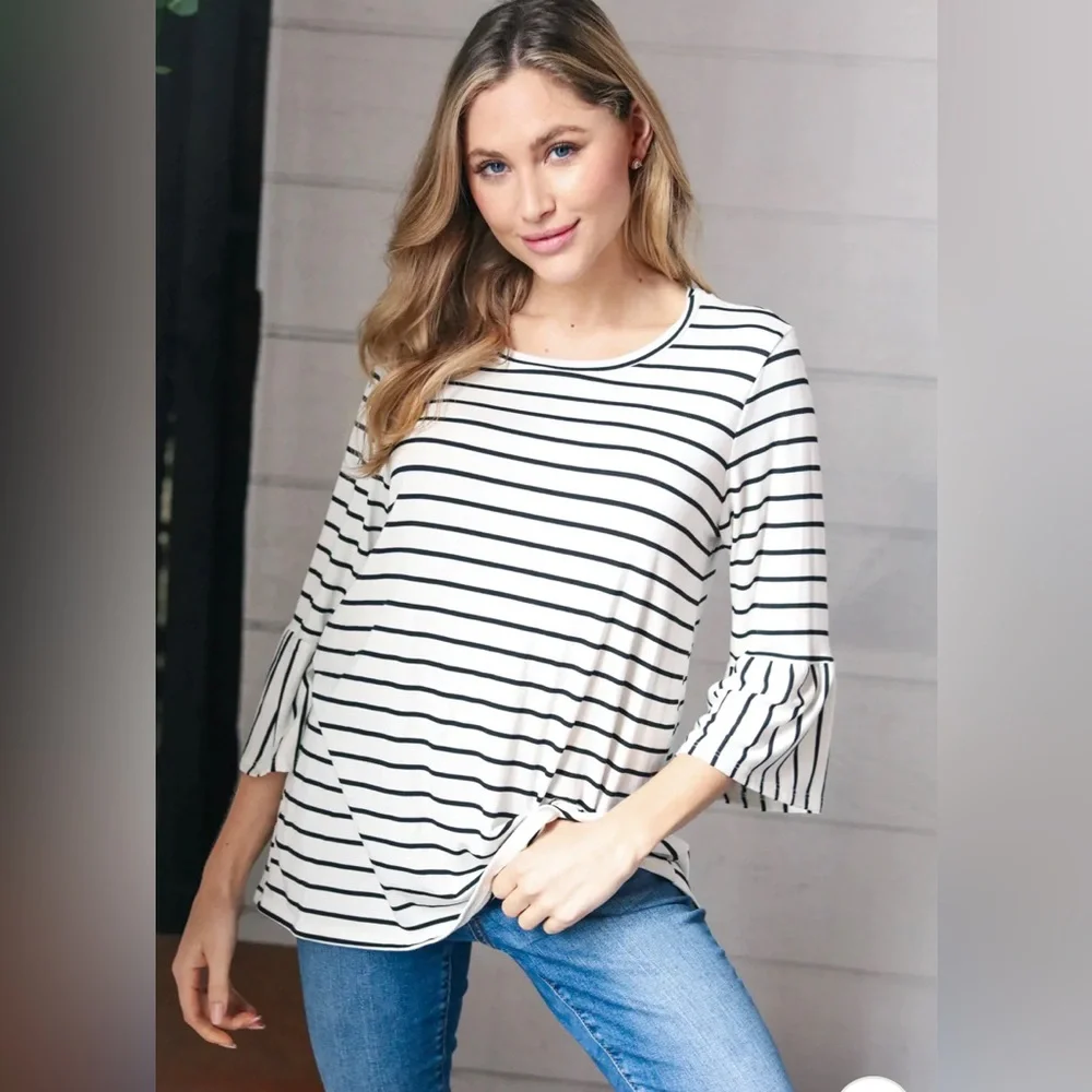 PLUS Ivory Black Neck Yarn Dye Stripe Elbow Bell Sleeve Top - Picture 5 of 7